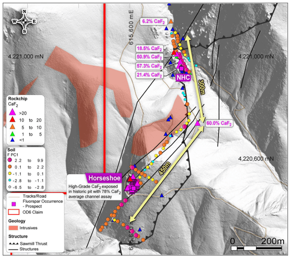 Figure 1 Map view \u2013 Horseshoe to NHC with soils (refer release dated 1 July 2026) and recent rock chips labelled.