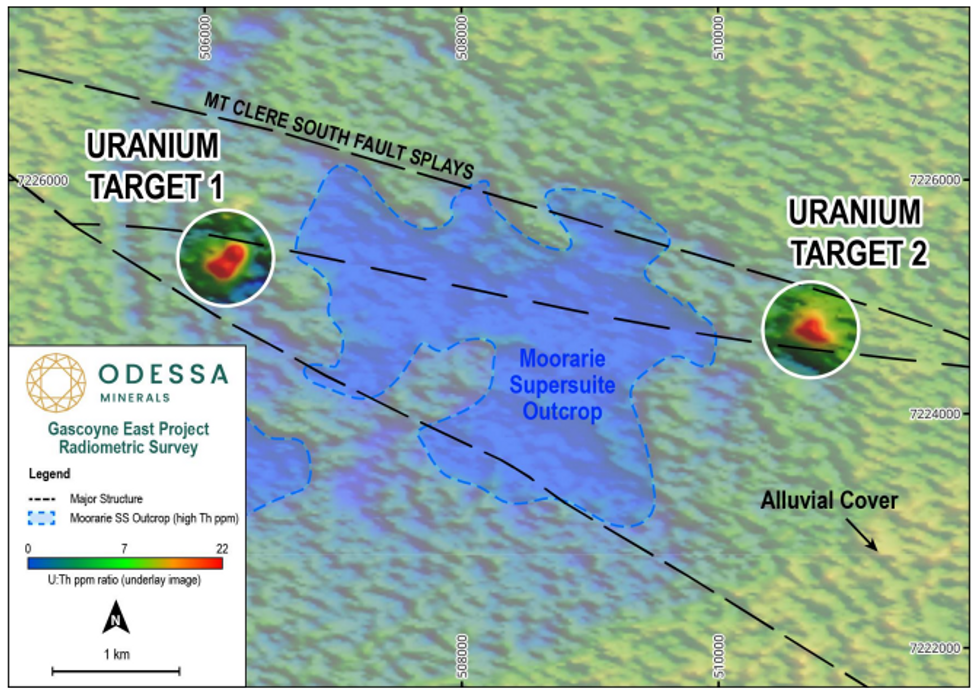 Figure 2: Radiometric uranium targets mantling fault splays of the Mt Clere Fault System.