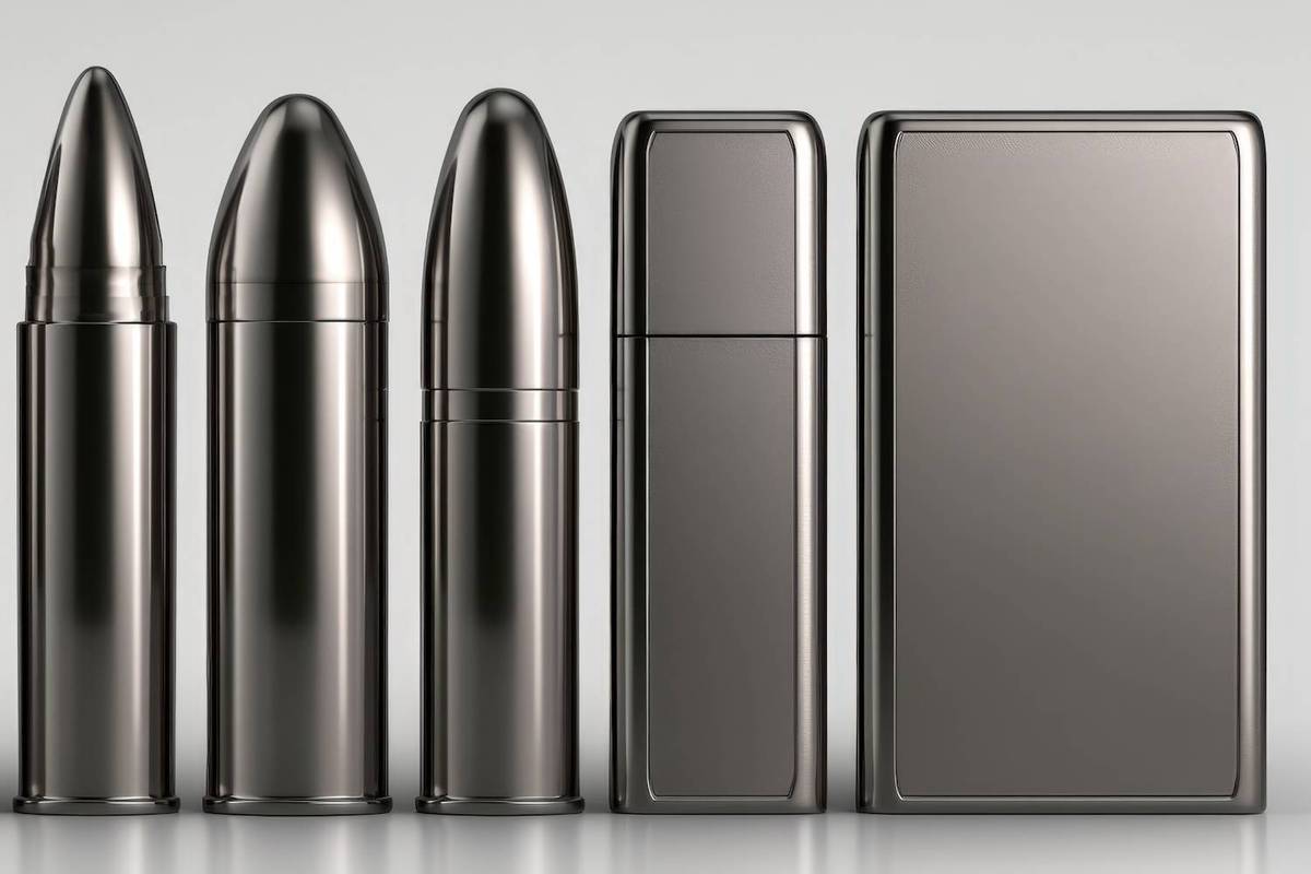Five sleek, metallic objects with bullet and rectangular shapes stand upright on a light gray background.