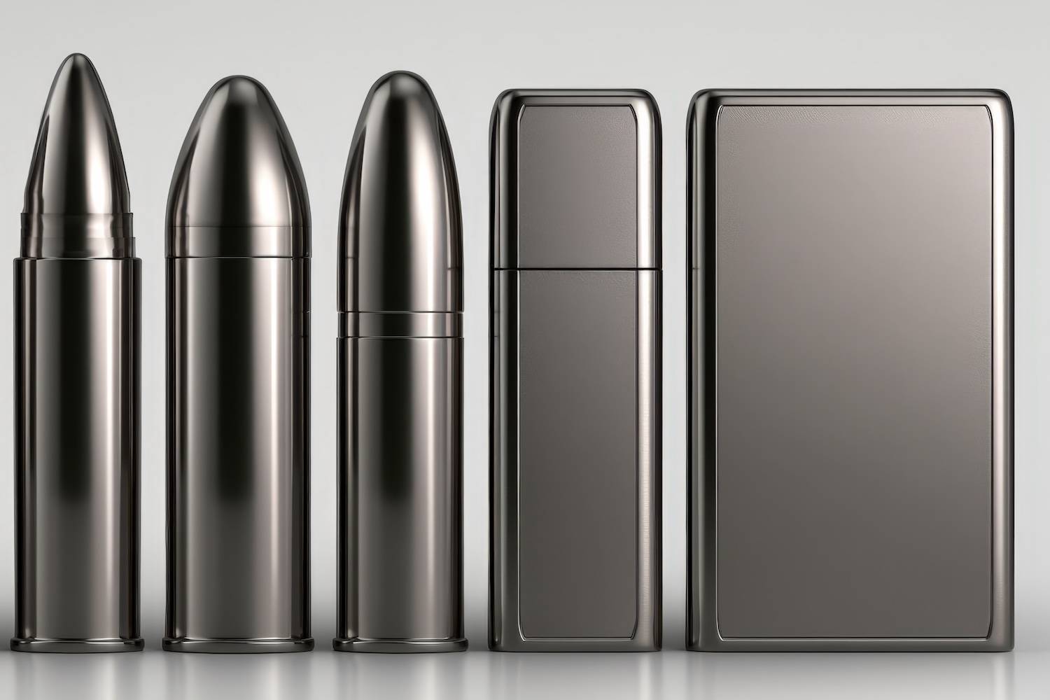 Five sleek, metallic objects with bullet and rectangular shapes stand upright on a light gray background.
