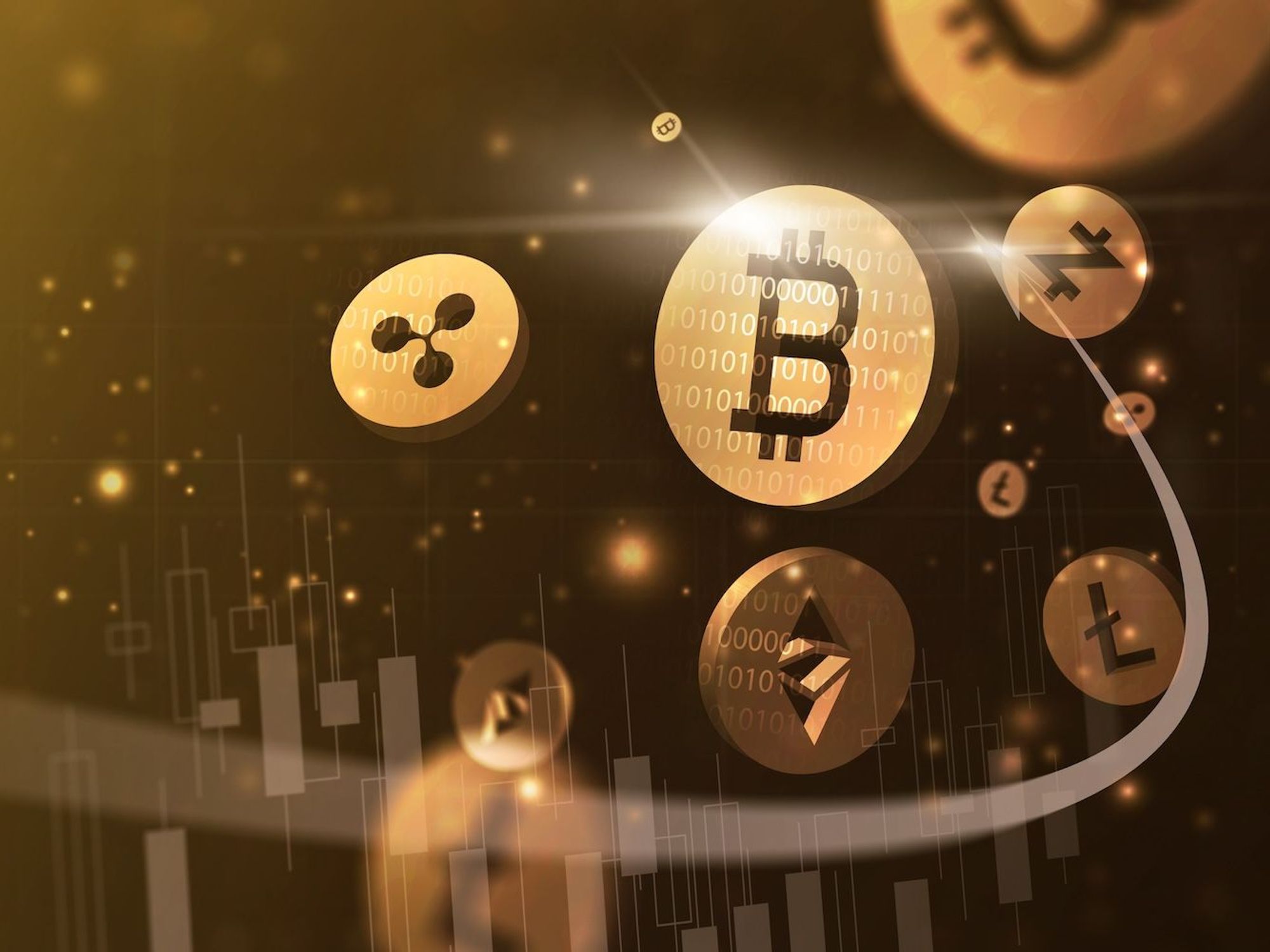 Floating crypto coins.