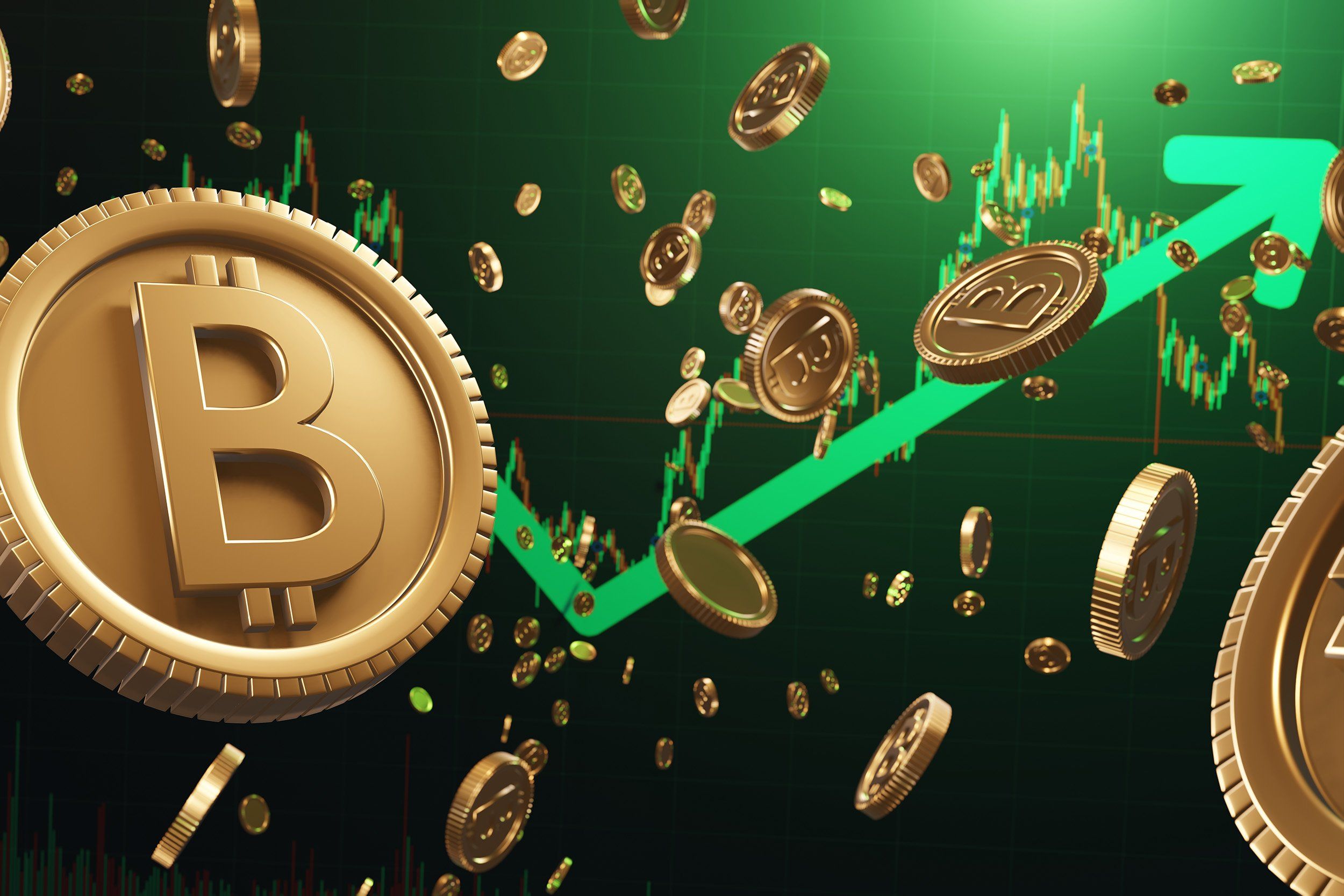 flurry of bitcoins and a green price graph going up