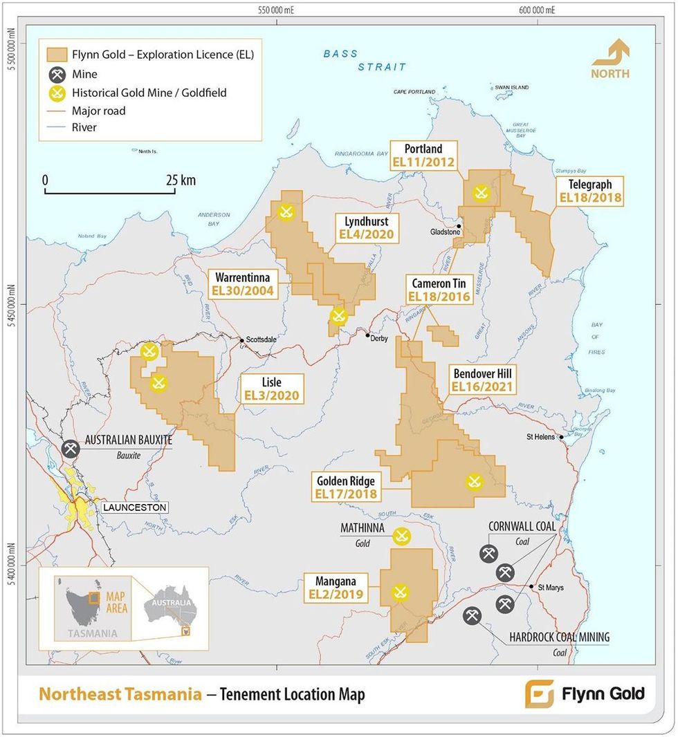 Flynn Gold's Northeast Tasmania Project Location Map