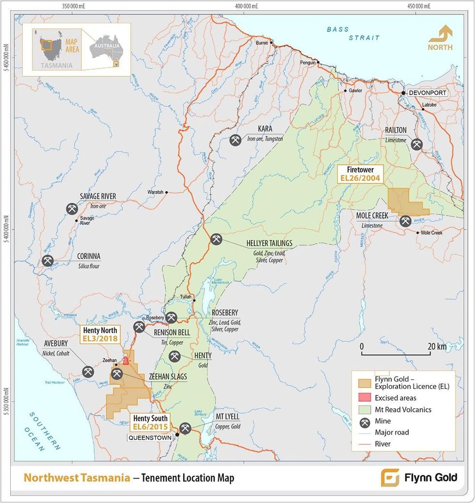 Flynn Gold's Northwest Tasmania - Tenement Location Map