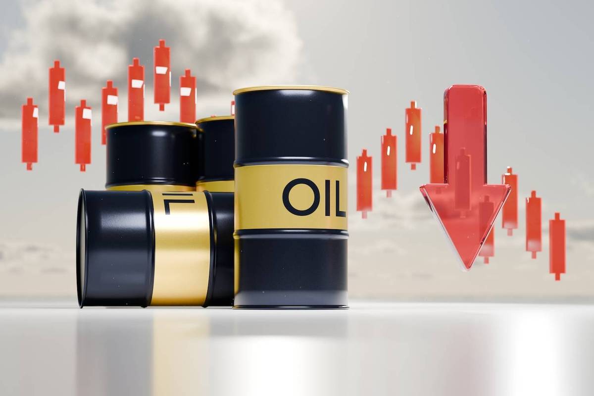 Four black oil barrels with gold bands beside a red downward arrow, against a cloudy sky with candlestick charts.
