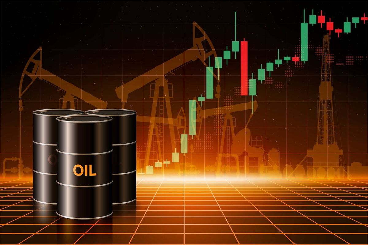 Four oil barrels on a grid floor with pumpjacks and a fluctuating stock chart in the background.