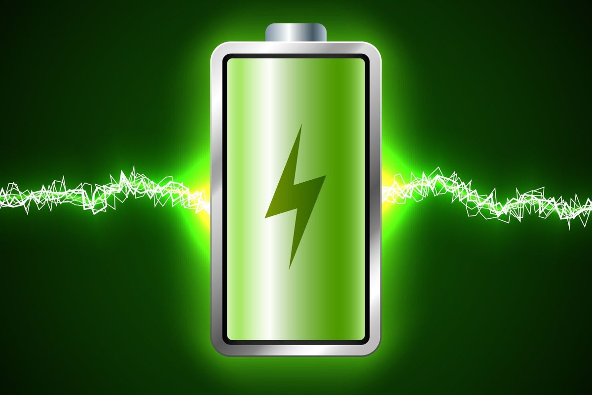 Fully charged green battery symbol with electric waves.
