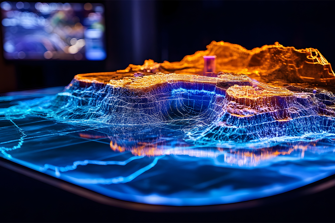 Futuristic 3D holographic visualization of resource and geophysical data analysis.