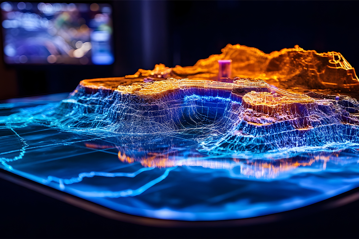 Futuristic 3D holographic visualization of resource and geophysical data analysis.