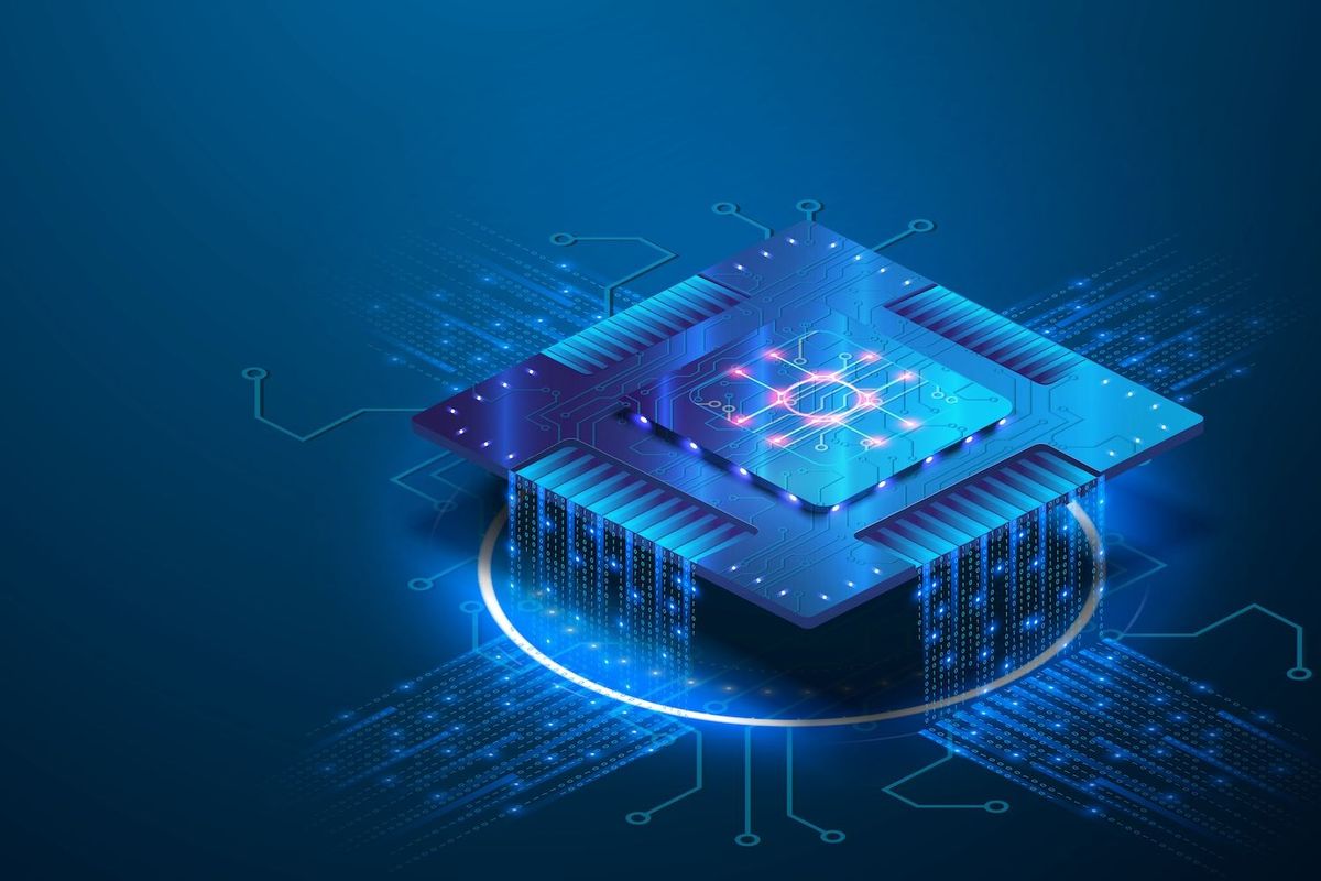 Futuristic 3D microchip with glowing circuits on a blue background.