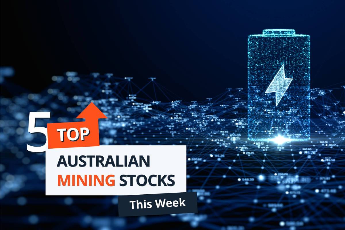 Futuristic battery with "5 Top Australian Mining Stocks This Week" text overlay.