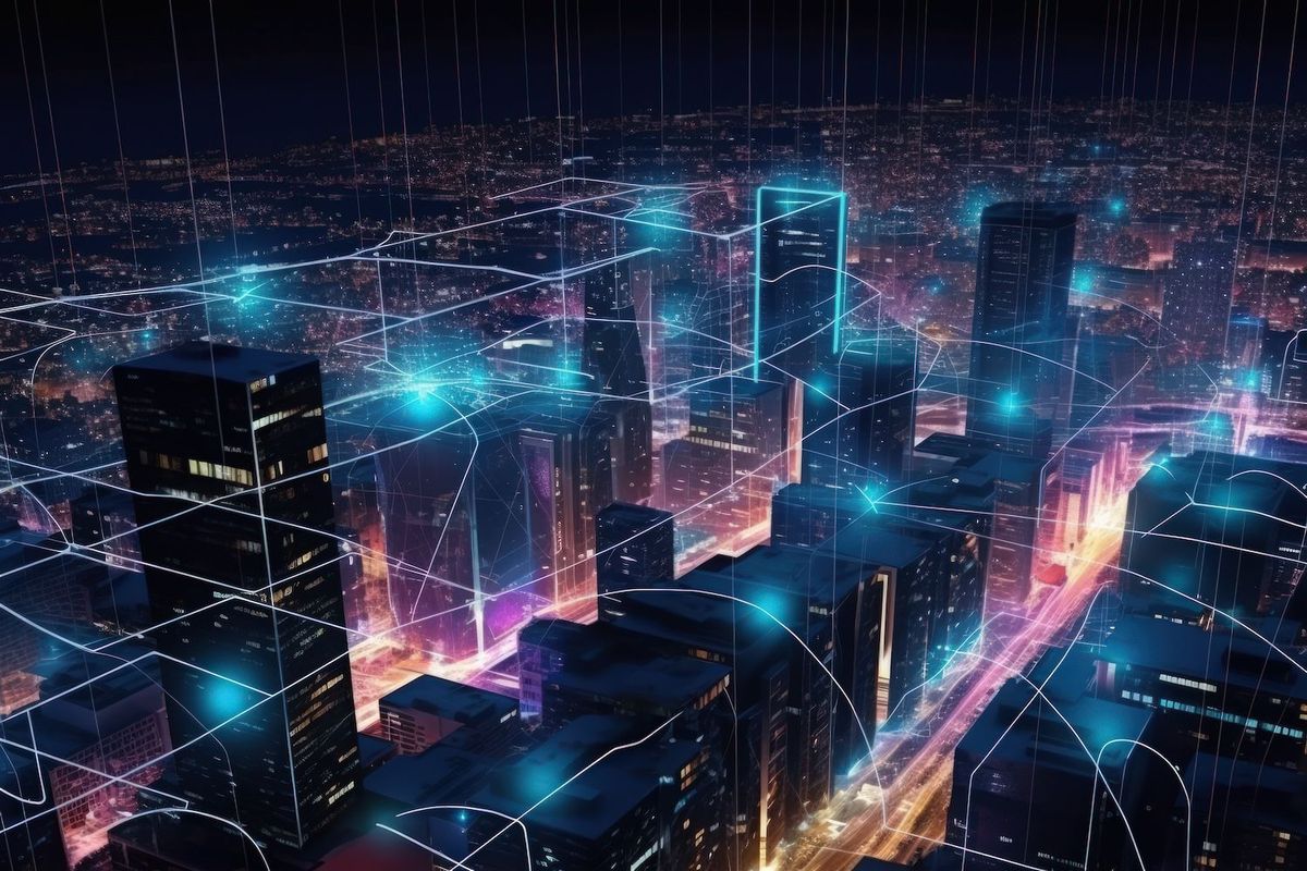 Futuristic cityscape at night with glowing lines connecting skyscrapers, creating a network.