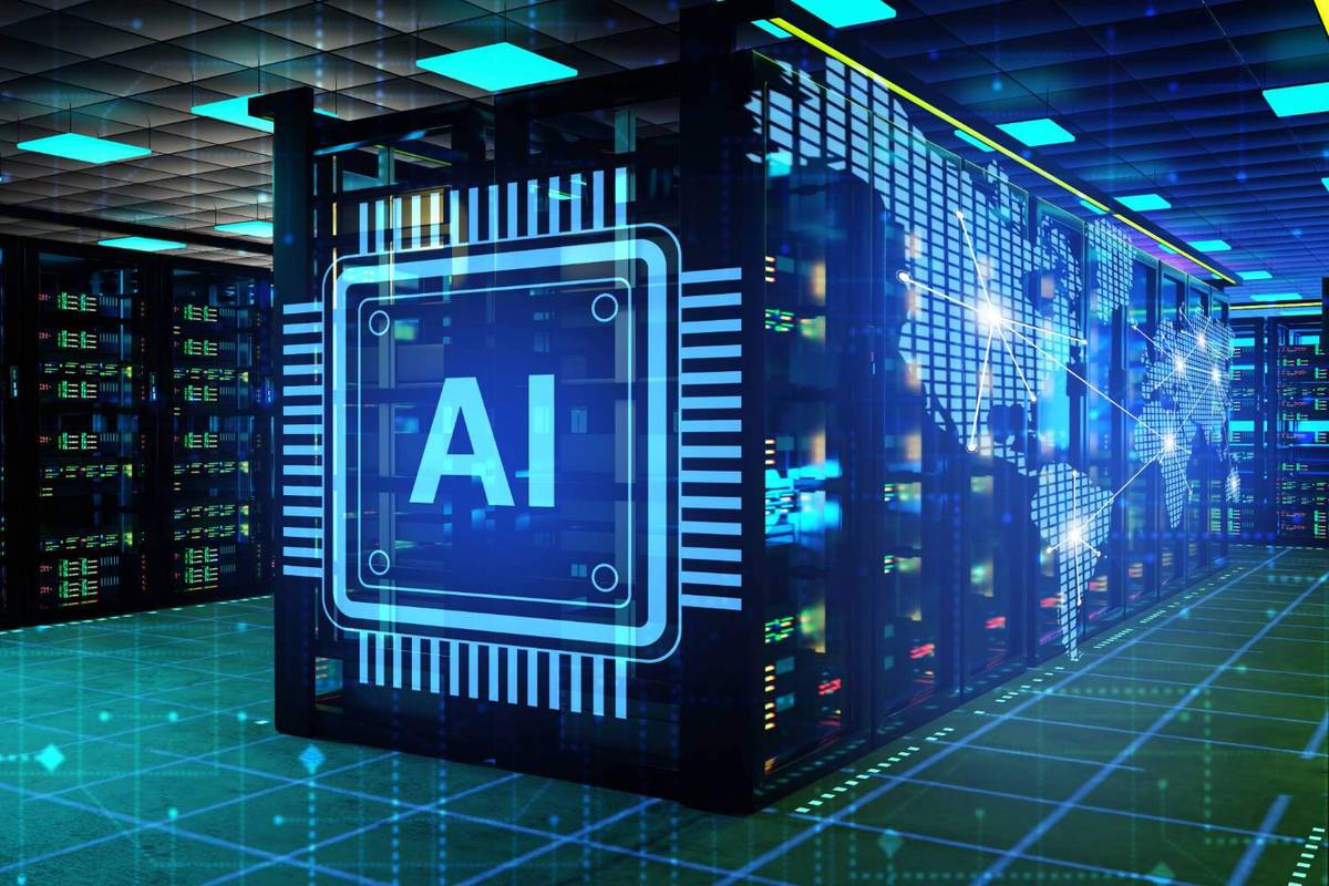 Futuristic data center with AI chip design and world map glowing on servers.