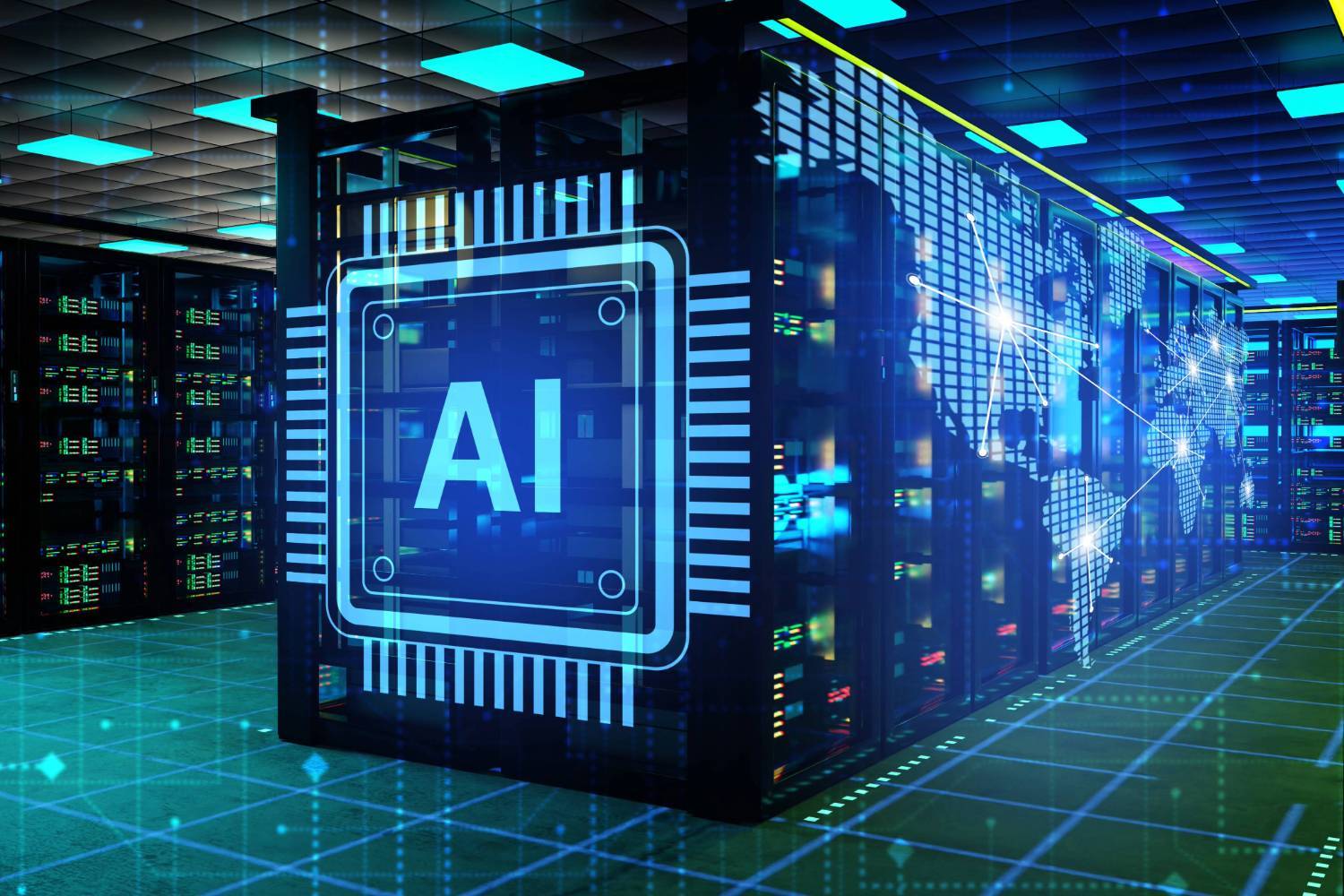 Futuristic data center with AI chip design and world map glowing on servers.