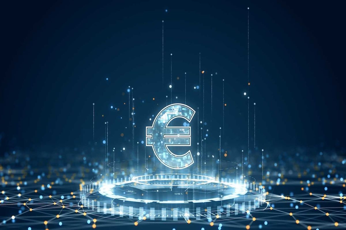Futuristic digital Euro symbol floating above a glowing network.