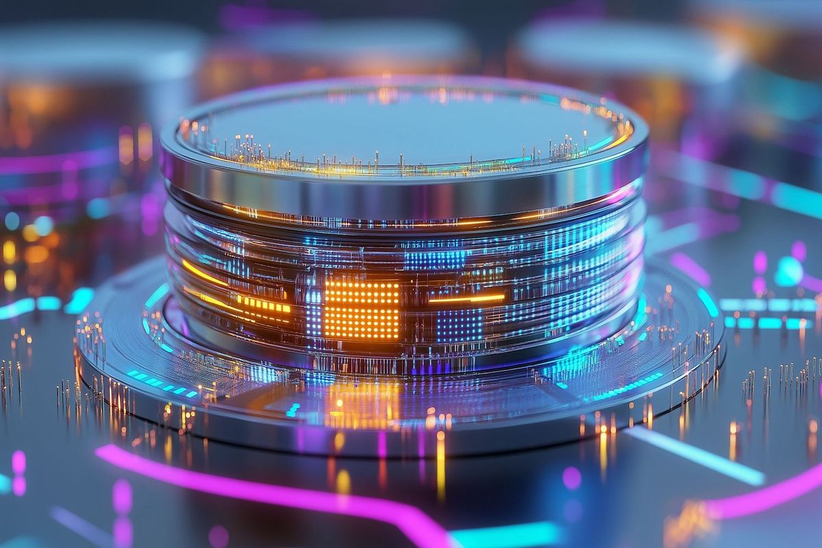 Futuristic glowing circular device with colorful lights on a digital surface.