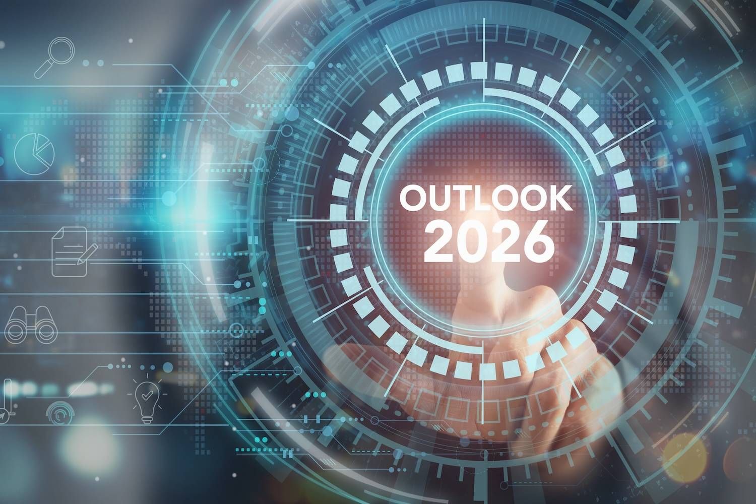 Futuristic interface with "outlook 2026" text and digital graphics.