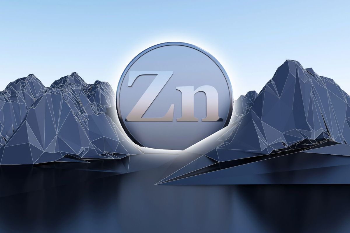 Futuristic mountain landscape with large "Zn" coin centerpiece.