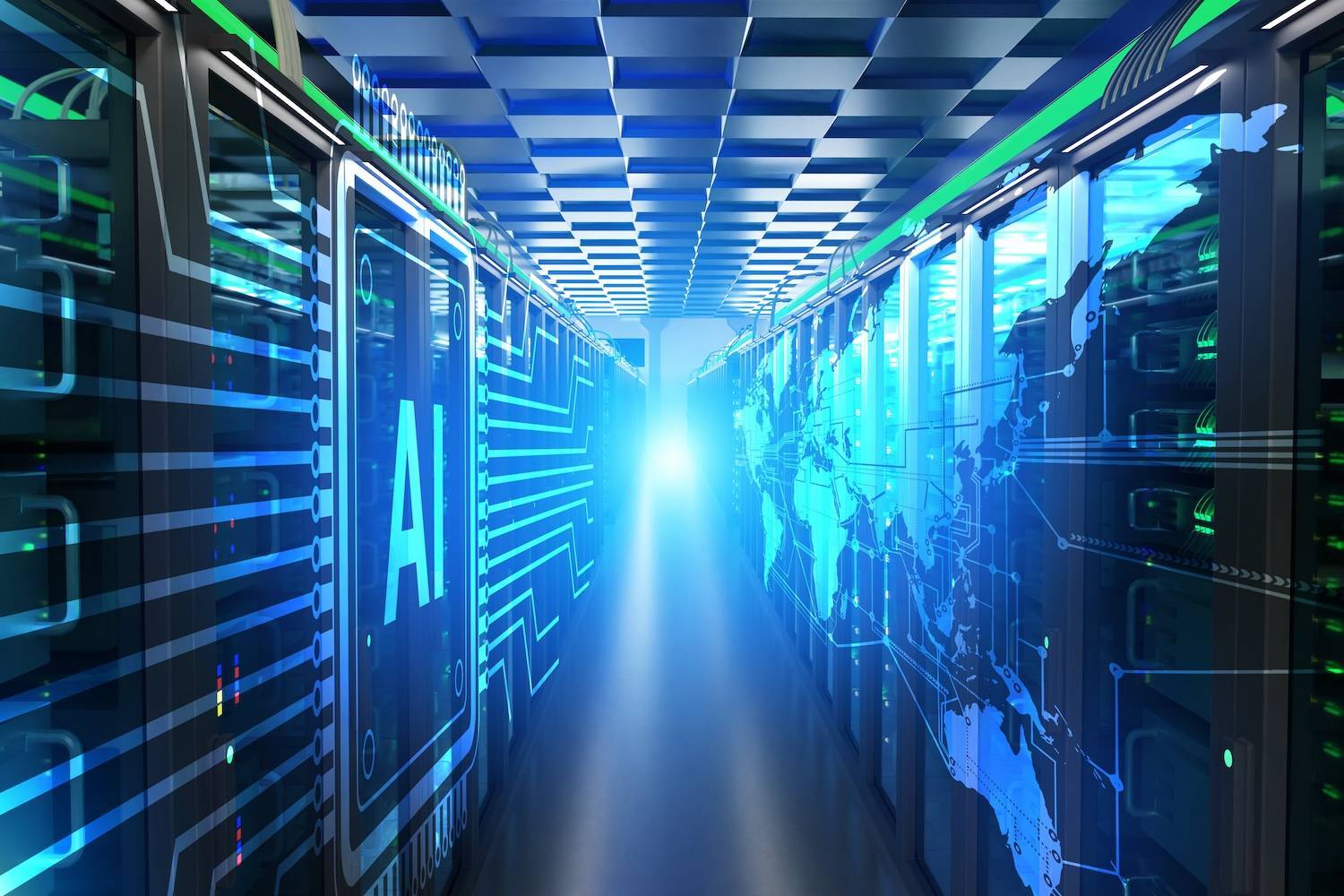 Futuristic server room with AI graphics and glowing blue map projections.