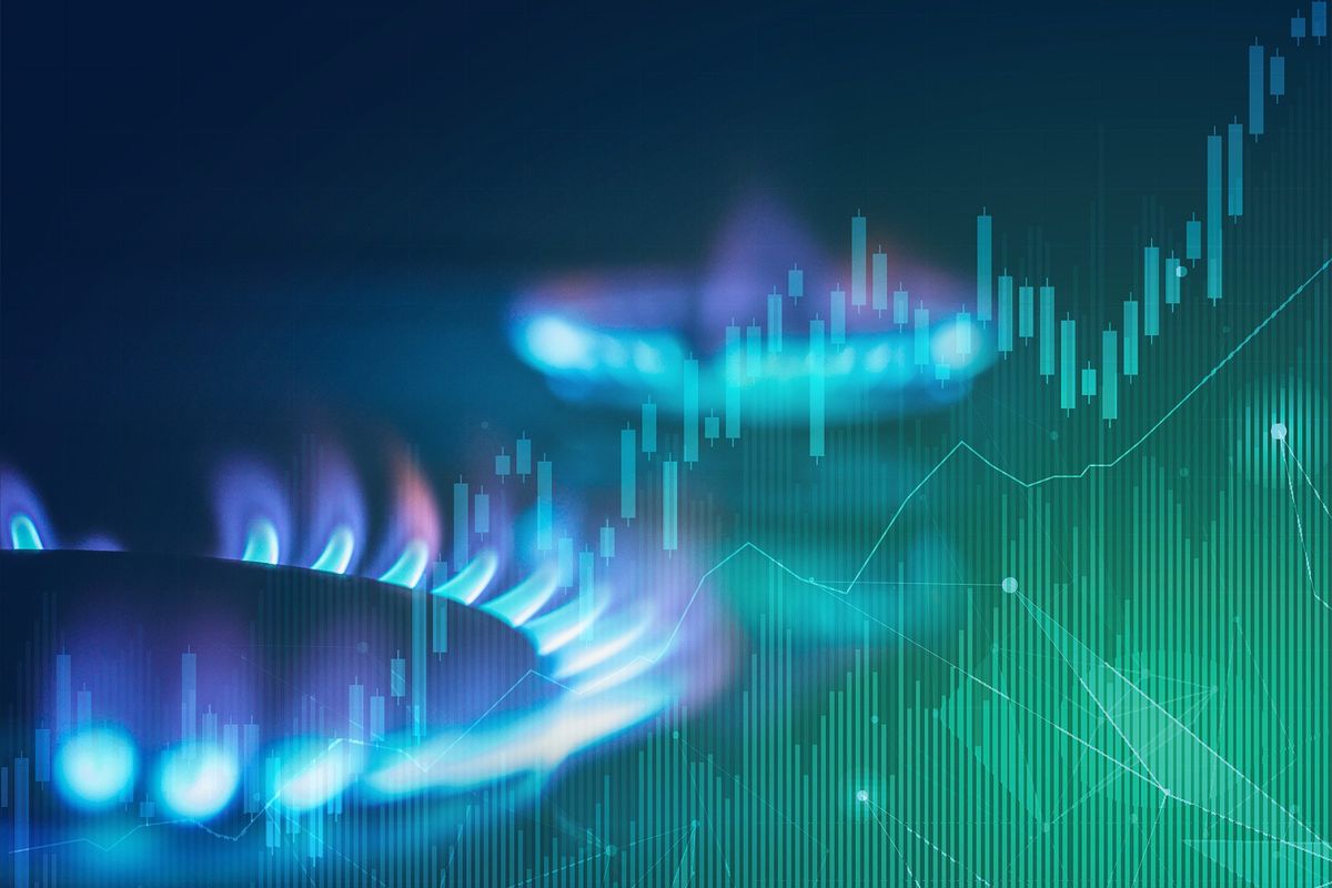 Gas stove and stock chart.