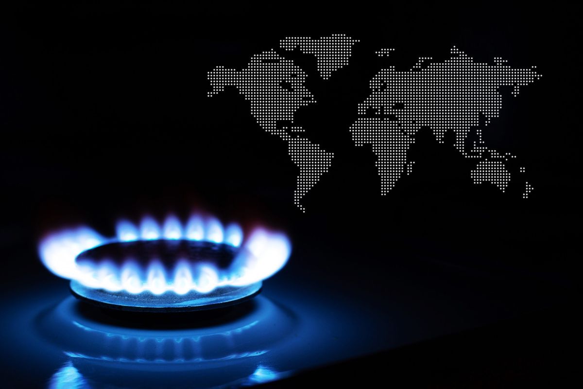 Gas stove and world map.