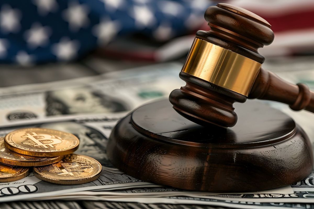 Gavel on dollar bills with Bitcoin and US flag background.