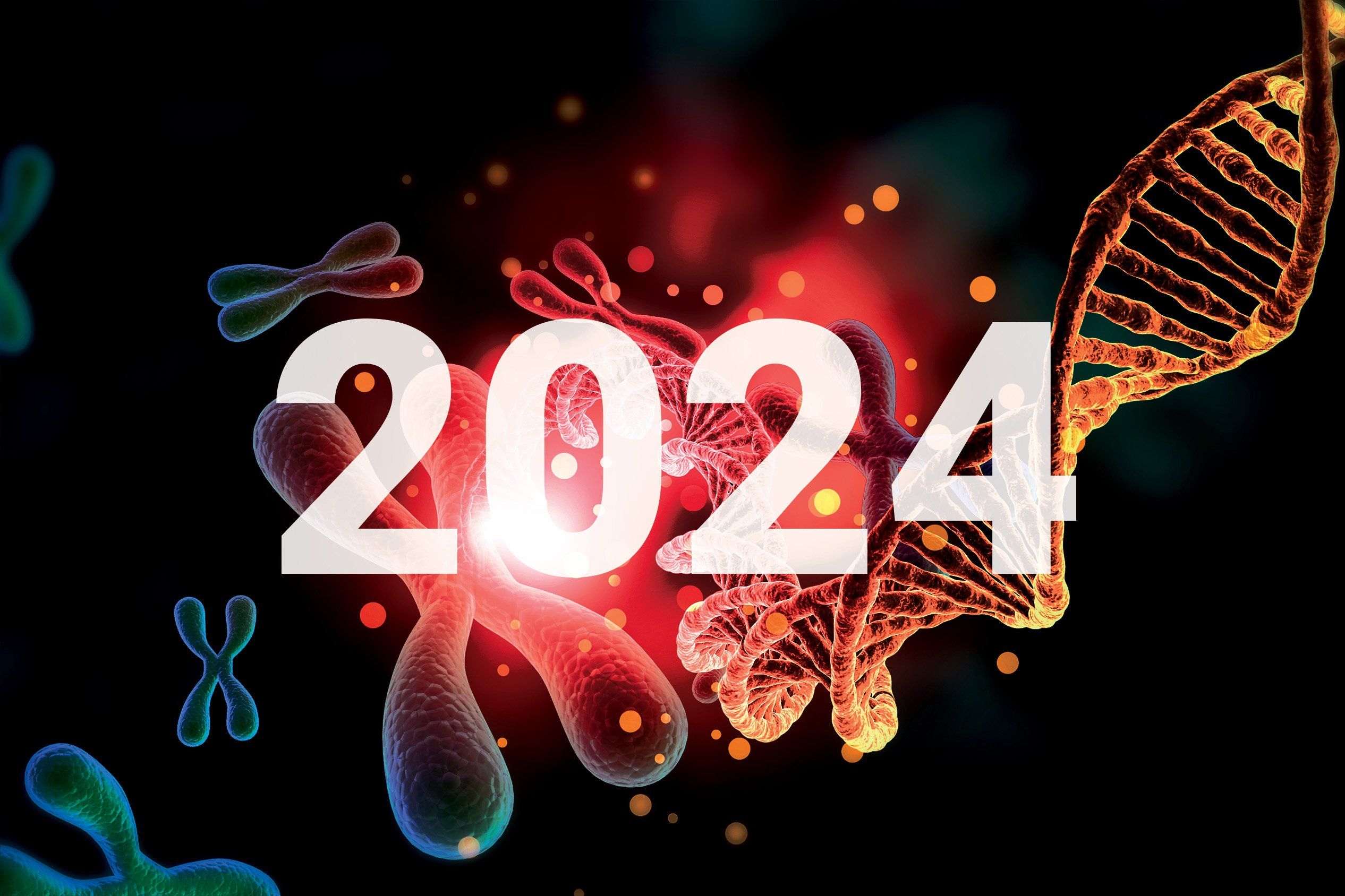 Genes and chromosomes with "2024" overlay.