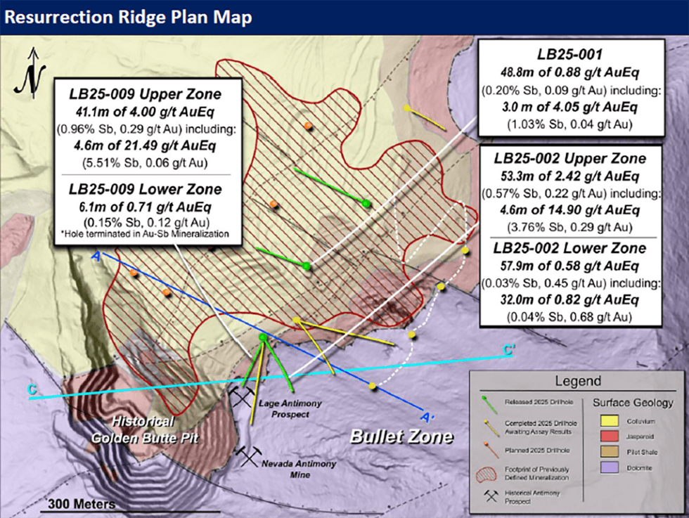 Geological map displaying drill zones and mineralization data