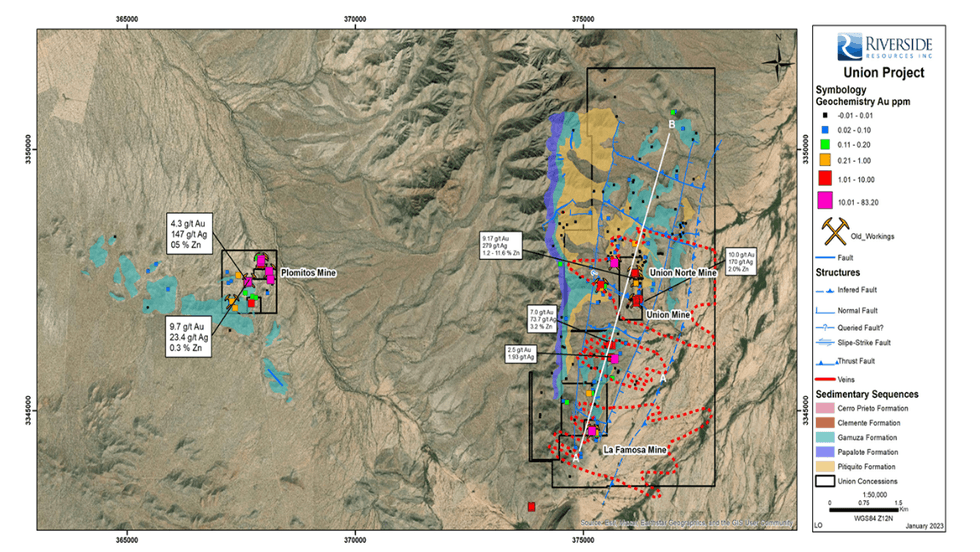 Geological map of Questcorp Mining's La Union Project with mines, faults, and mineral concentrations marked.