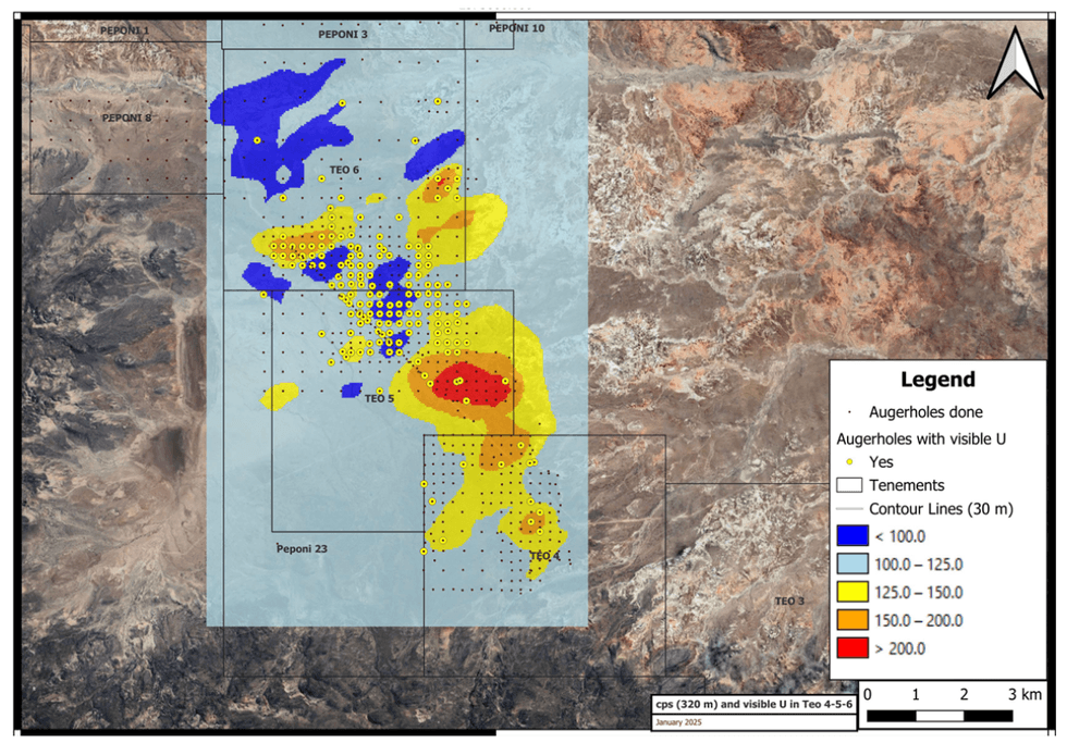 Geological map Piche Resources' Sierra Cuadrada project with contour lines, colored augerhole data, and tenements marked.