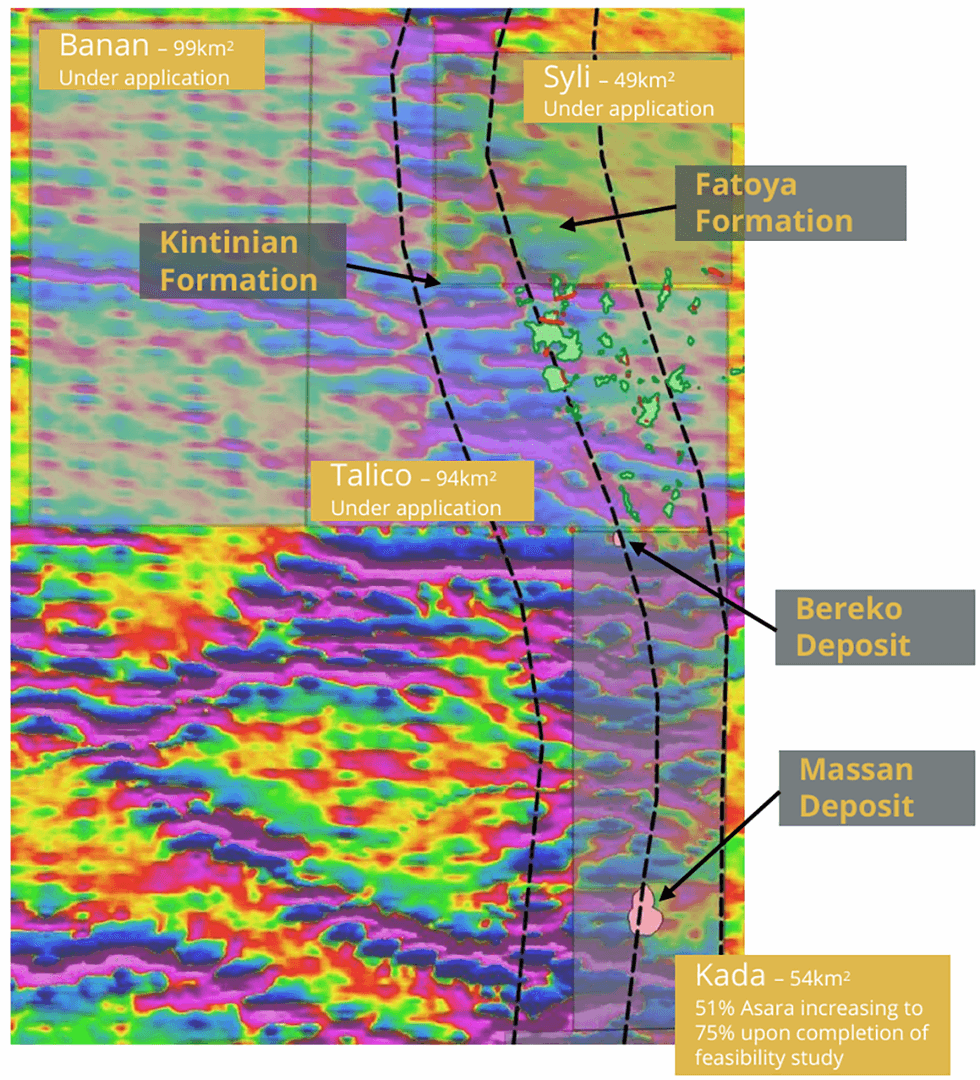 Geological map with formations, deposits and applications marked at the KADA project of Asara Resource
