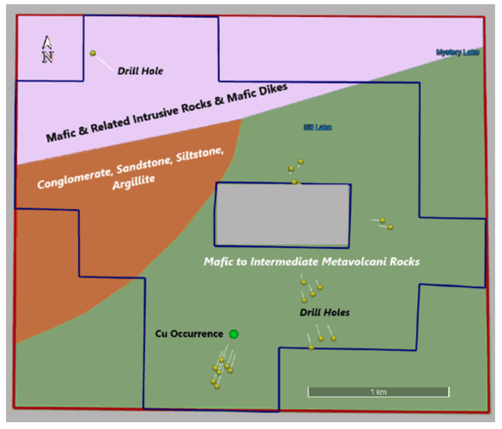 Geological map showing rock types, boreholes and copper occurrence locations.