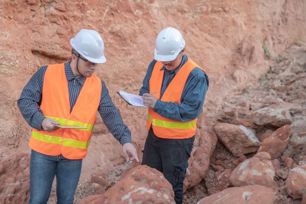 Geologists holding clipboards studying rocks at a mine site.