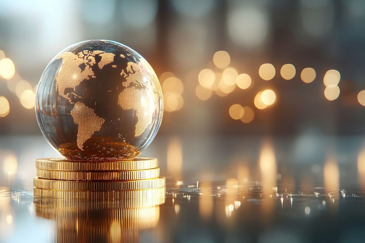 Globe on gold coins with bokeh lights in the background.