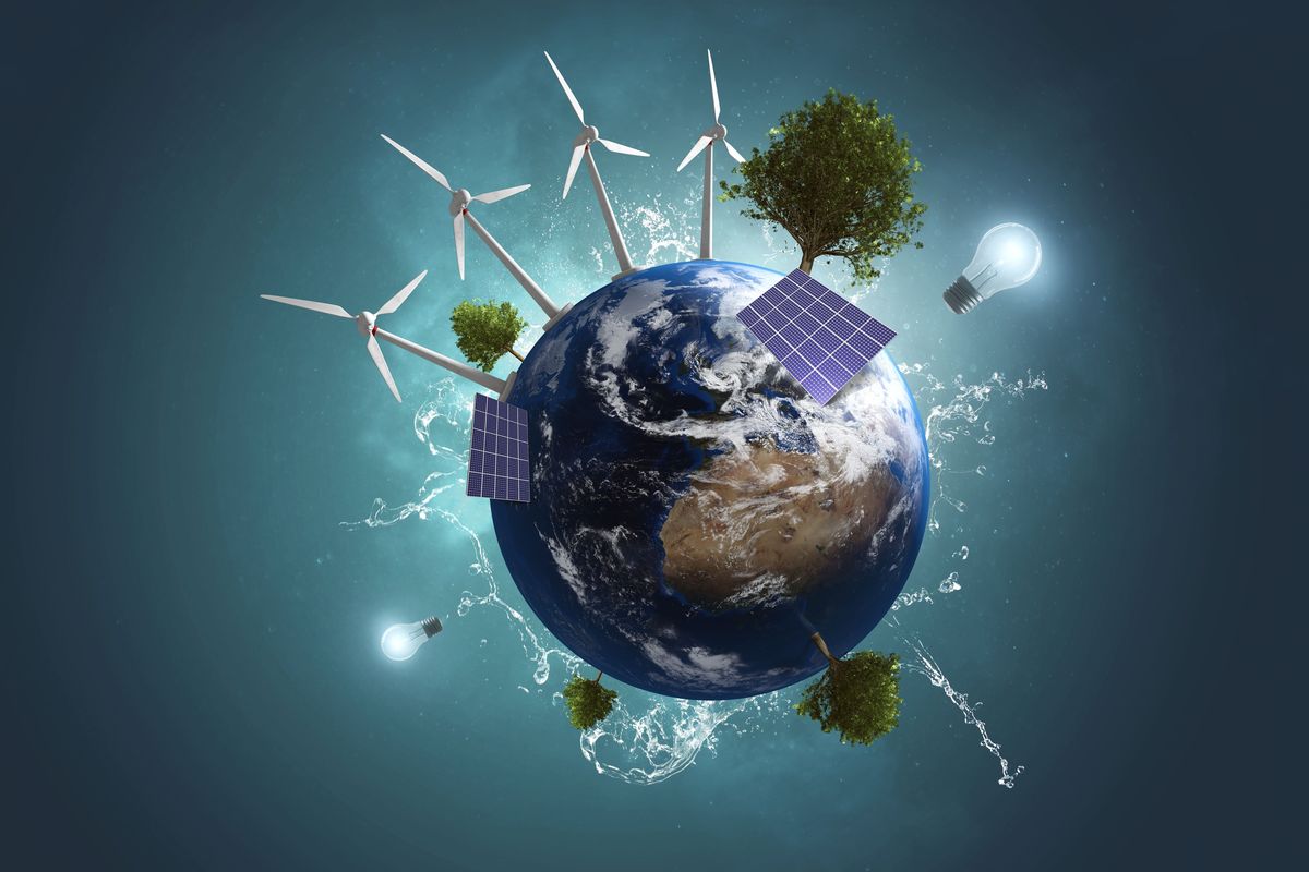 Globe with clean energy sources around it.
