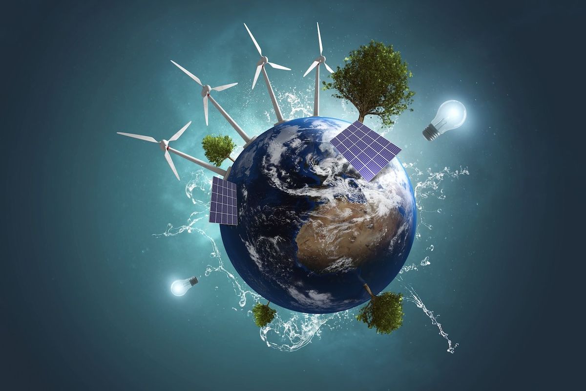 Globe with clean energy sources around it.