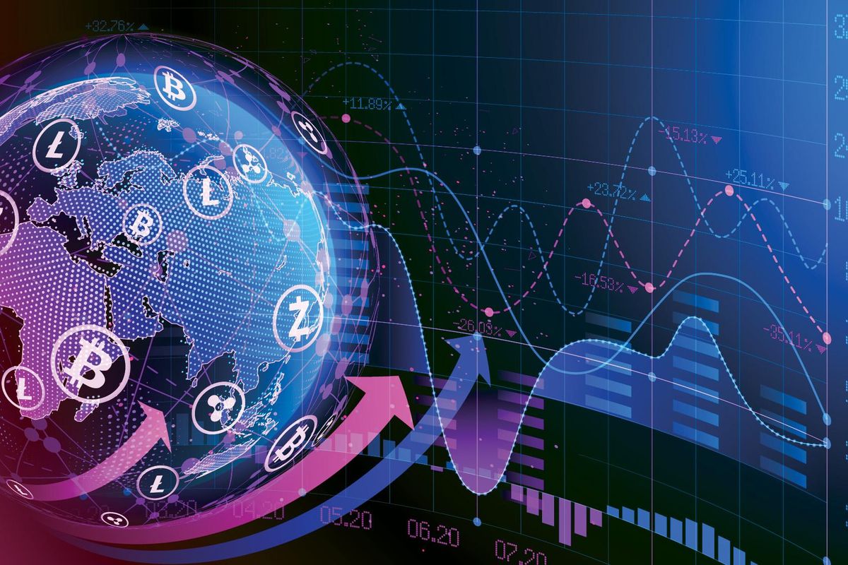 globe with cryptocurrencies, graphs and charts