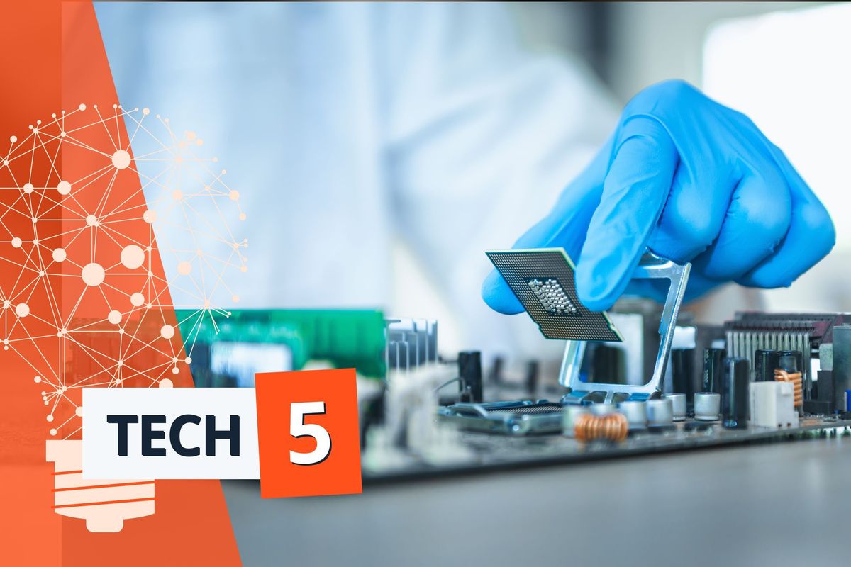 Gloved hand installing a CPU onto a circuit board, labeled "Tech 5" with network graphic.