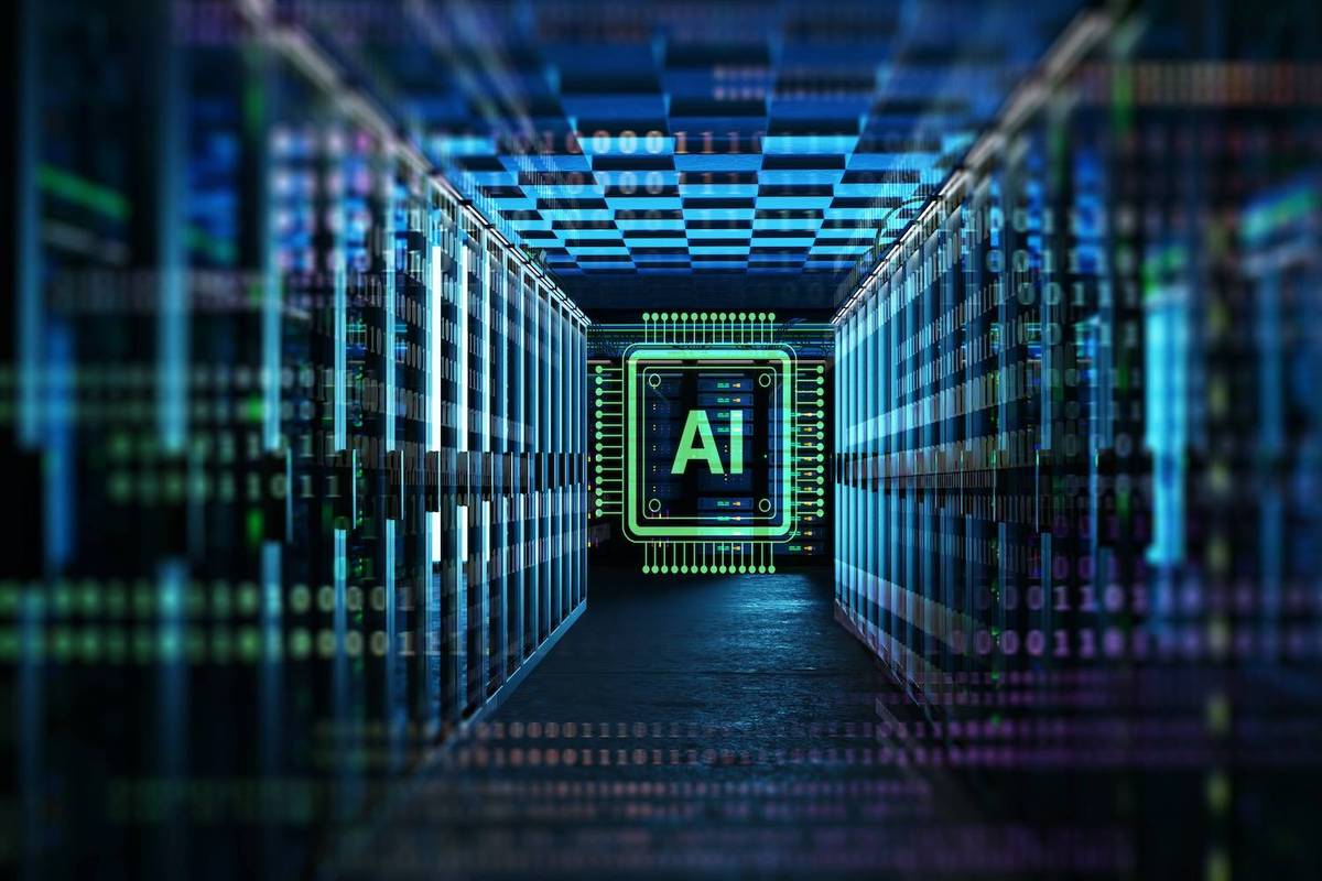 Glowing AI chip hovers in a neon-lit server room, with binary code overlaying the scene.