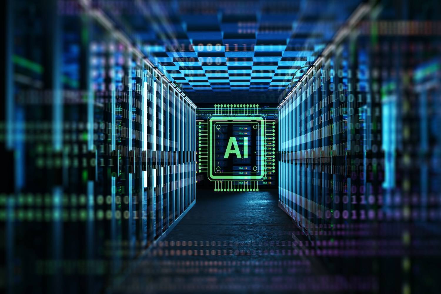 Glowing AI chip hovers in a neon-lit server room, with binary code overlaying the scene.