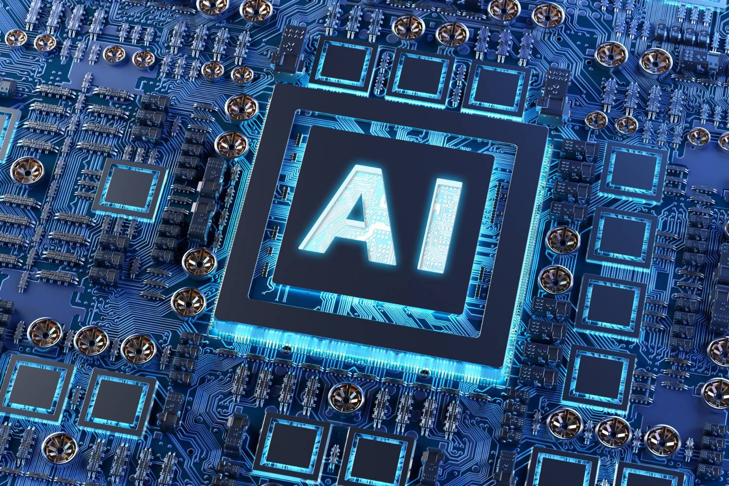 Glowing "AI" text centered on a blue circuit board with various metallic components.