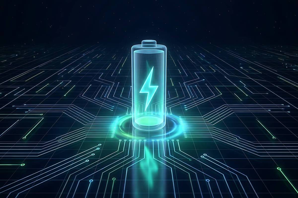 Glowing battery icon with a lightning bolt over a futuristic, circuit-patterned floor.