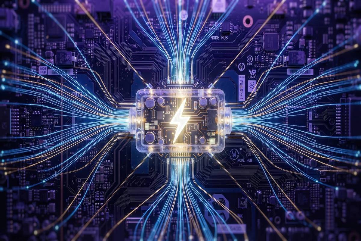 Glowing battery symbol with lightning bolt on purple circuit board.