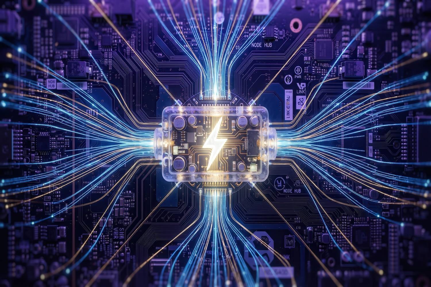 Glowing battery symbol with lightning bolt on purple circuit board.