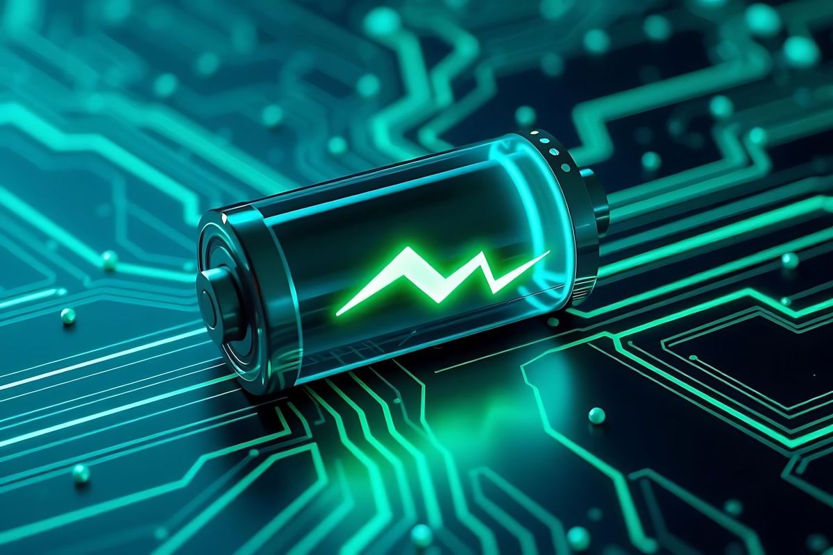 Glowing battery with green zigzag on a futuristic circuit board background.