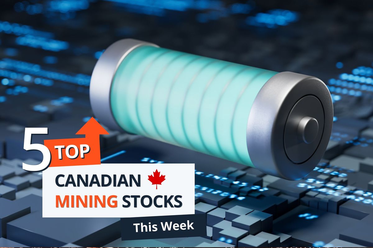 Glowing battery with text: "5 Top Canadian Mining Stocks This Week."