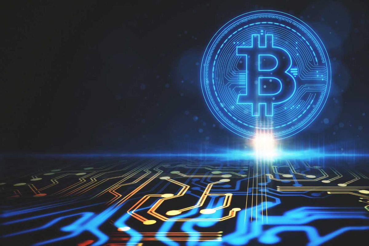 Glowing Bitcoin symbol over digital circuit board background.