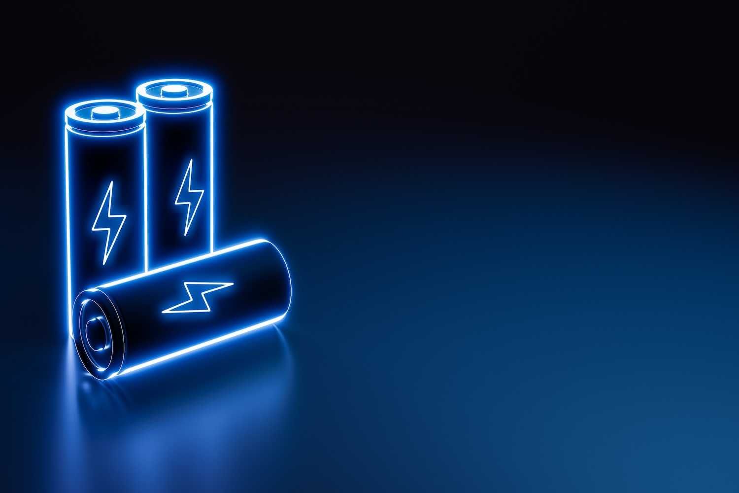 Glowing blue neon outline of three batteries with lightning symbols.
