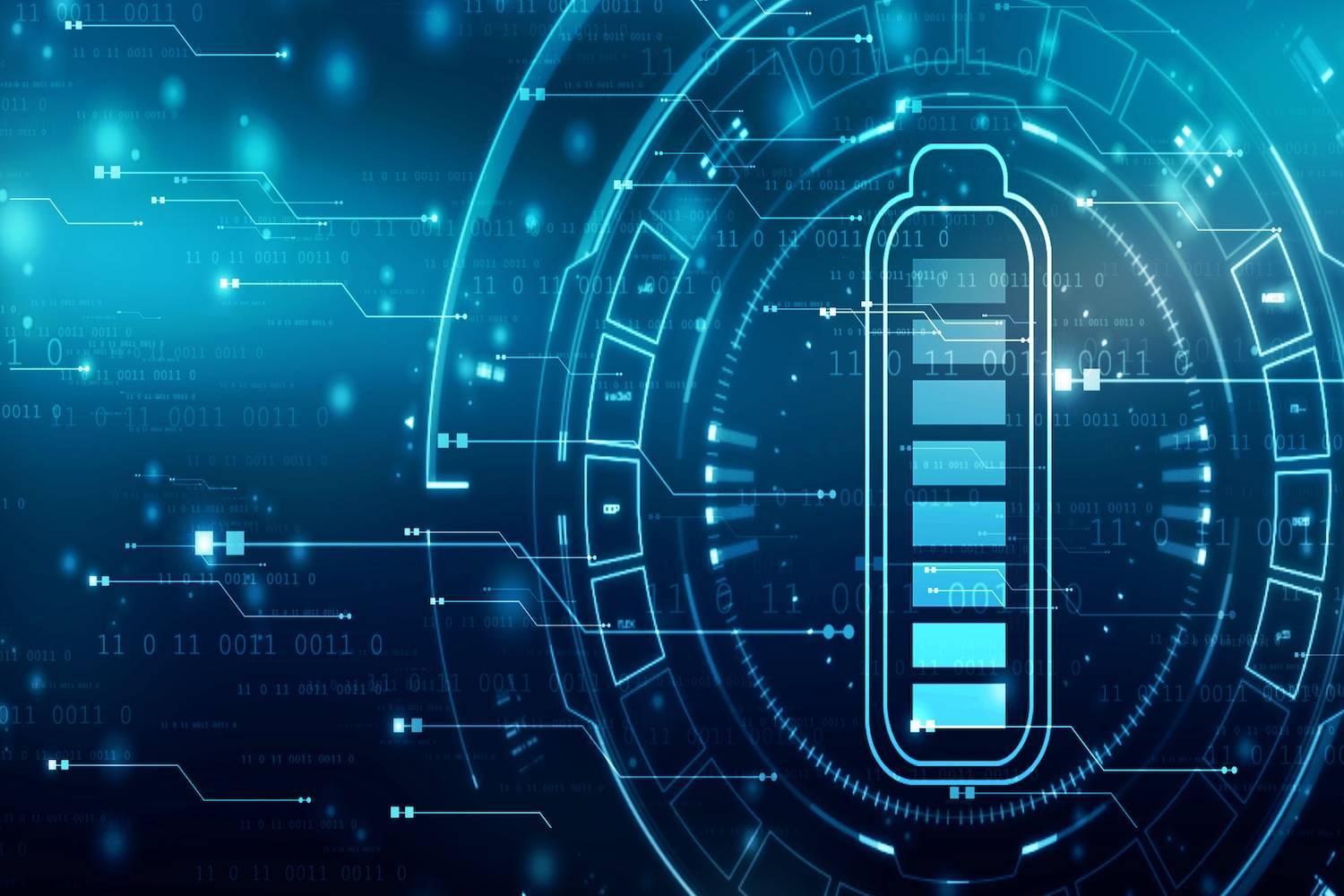 Glowing digital battery icon centered against a blue background with binary code and circuit patterns.