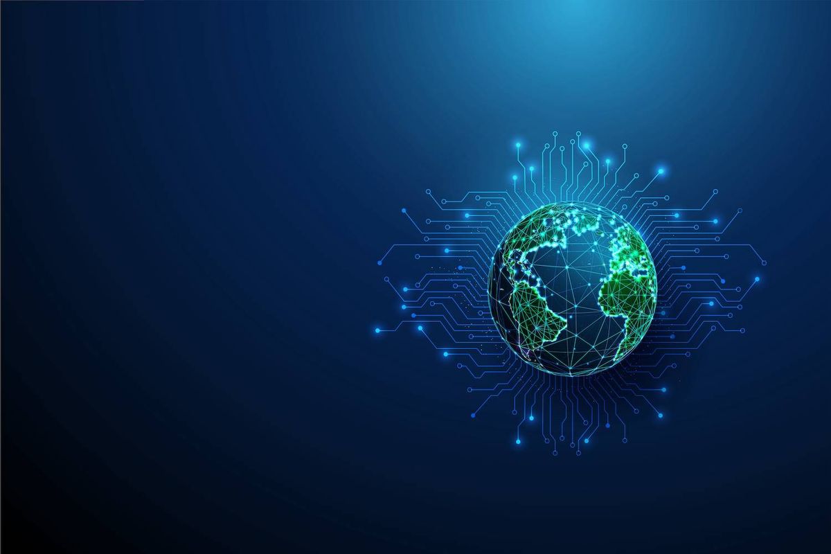Glowing digital Earth with circuit-like connections on a dark blue background.
